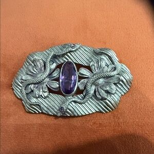 Art Nouveau snake Sash Pin Jewel Cabochan Gold Brooch with Purple Gemstone 31/4”
